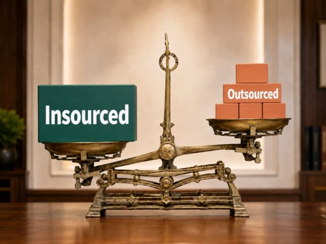 single insourced weight outweighing a scattered stack of outsourced weights on a balance scale, Ramax Search and Staffing